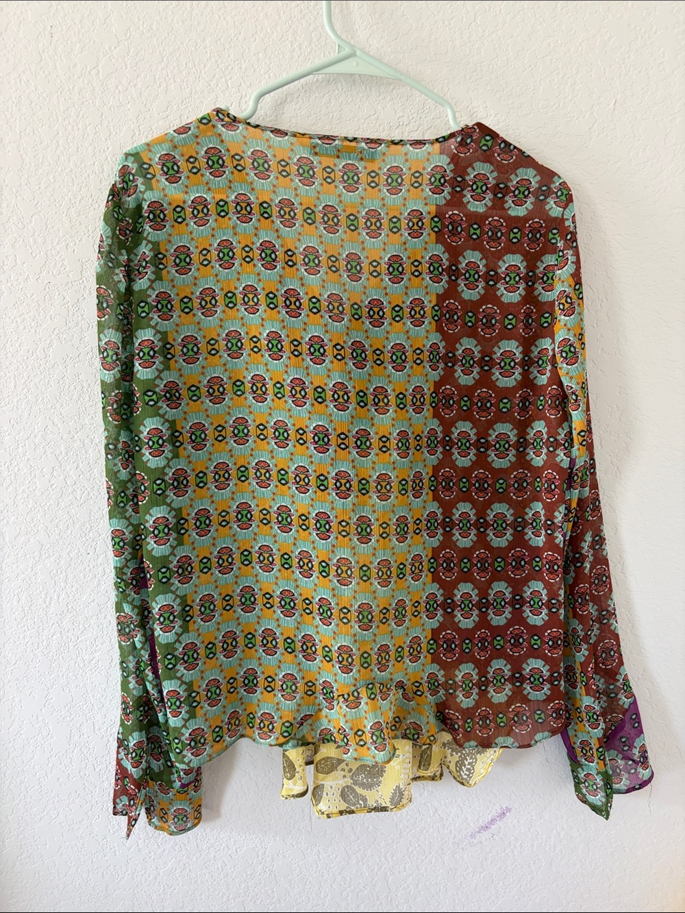 Zara Studio Zodiac Patchwork Chiffon Boho Multi-Color Printed Tie-Neck Blouse - Picture 5 of 7